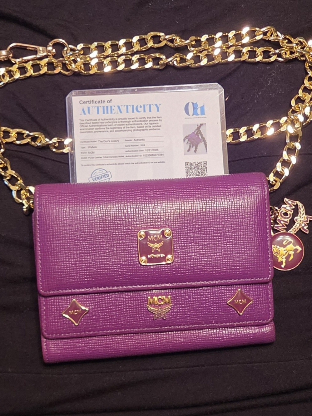 MCM Purple Leather Crossbody Wallet with Gold Chain Strap